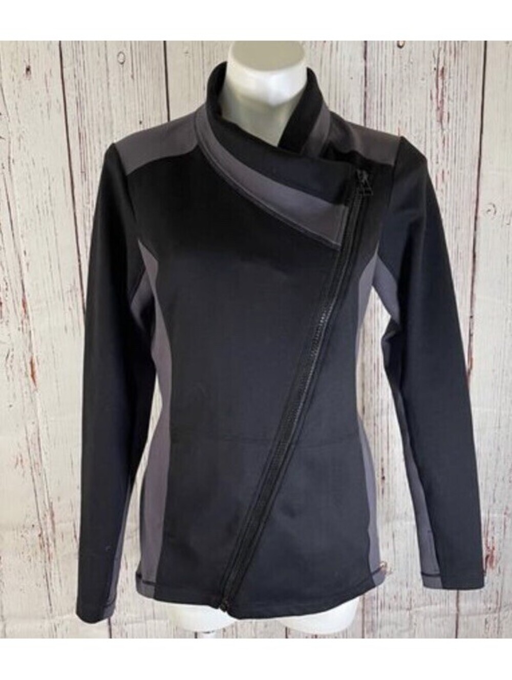 CAbi Dash Jacket Black Dark Gray Asymmetrical Zipper Side Pockets Size Medium